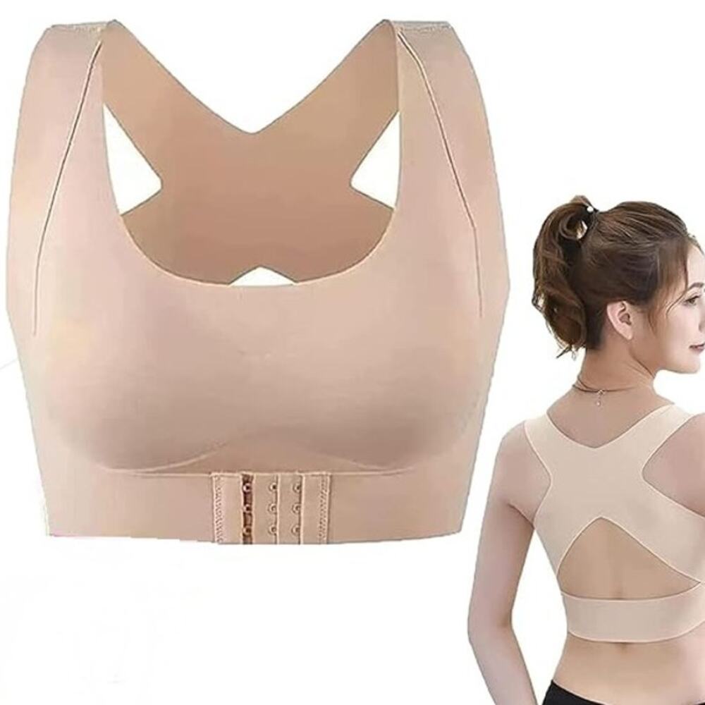 NWT ~ Front Buckle Closure Beige Sports Yoga Activewear Bra ~ Women's LARGE